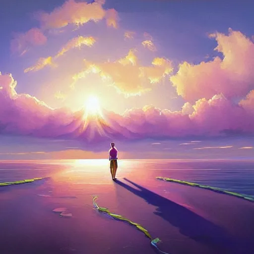 Prompt: a painting of clouds and a body of water, digital art by rhads, featured on pixiv, digital art, seapunk, chillwave, anime aesthetic