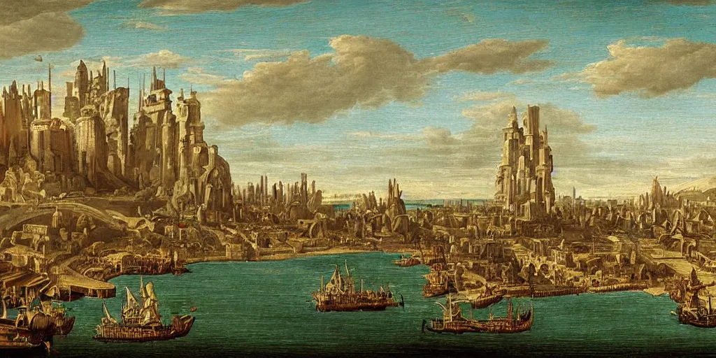 Prompt: illustration, concept illustration, a single giant ancient linear city on a single bridge, giant continent bridge city build over the ocean in a straight line, huge support buttresses, ships with sails go underneath the city, city fades to the horizon, 1632 oil painting by Claude de Jongh