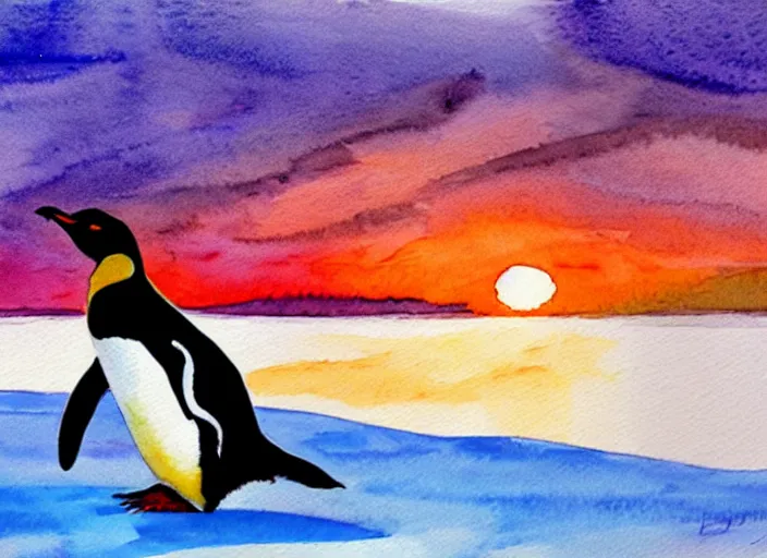 Image similar to a penguin sliding on the ice floe, watercolor, highly detailed, sunset light