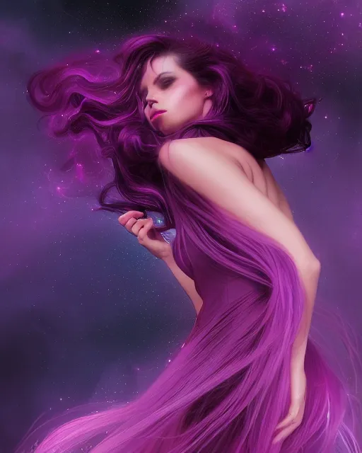 Prompt: silhouette of a beautiful! elegant woman, 3 0 years, long pink dark purple hair, dynamic strands, retrowave color scheme, fractal chaotic dark, nebula background, by wlop, mucha and julie bell, artstation, deviantart, 8 k, emotion, bokeh, pouring effects