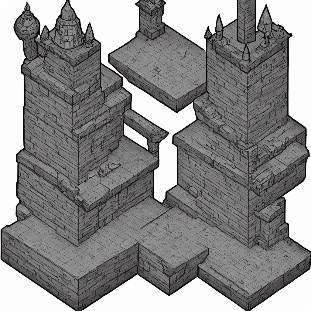 Image similar to wizard's tower, isometric lineart tile, png
