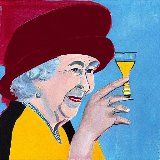 Image similar to queen of england shotgunning a beer, in the style of rothko,