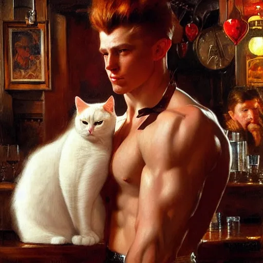 Image similar to attractive muscular male with red hair and muscular attractive white fluffy cat, drinking their hearts out, in a pub. very defined and highly detailed painting by j. c. leyendecker, gaston bussiere, craig mullins 8 k