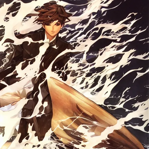 Image similar to epic battle brown haired boy summons a huge wave of water. jc leyendecker shigenori soejima.