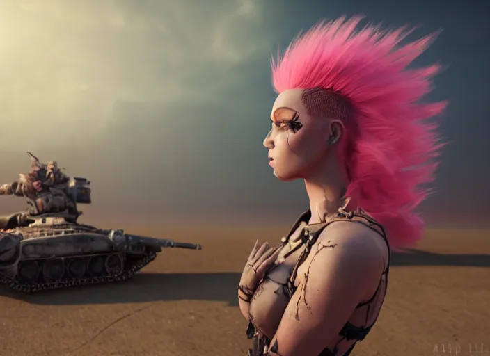 Image similar to beautiful apocalyptic woman with pink Mohawk, posing on mad max panzer tank, 4k ultra hd, fantasy dark art, artstation, octane render