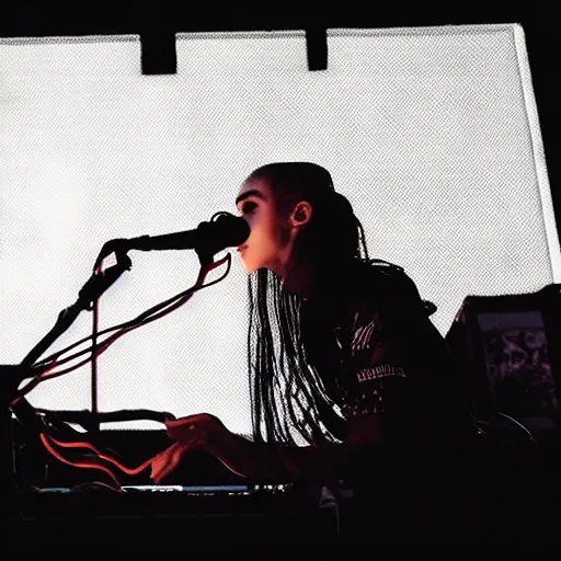 Image similar to grimes on stage djing, volumetric neon lights in the background, gleaming, 3 5 mm photography, portrait!!!!!!