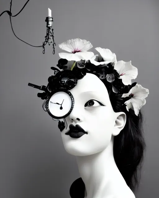 Prompt: black and white dreamy foggy poetic smoky profile face portrait, one silver steampunk realistic eye biomechanical beautiful angelic young female cyclope - cyborg - robot bust, body ribs meshes,, volumetric light, hibiscus flowers, by man ray, rim light, big gothic fashion pearl embroidered collar, 8 k