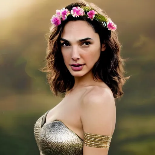 Image similar to fine art photo of the beauty gal gadot, she is posing while maintain a sweet eye contact to the camera, she has a crown of flowers, the photo was taken at sunrise with a bokeh effect, by steve mccurry, photorealistic, matte painting, hyper realistic, 4 k, 8 k, cinematic composition, hd, highly detailed, trending on artstation