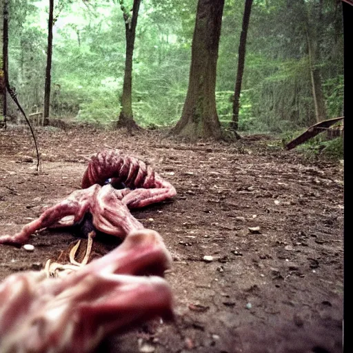 Prompt: derelict footage, camping at night, first person, hard flash, grotesque human crawling, tall insect legs, tendrils, veins, meat, wet, horror,