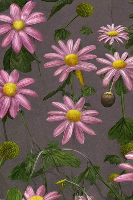 Prompt: beautiful digital matte painting of whimsical botanical illustration daisies and pearls by barclay shaw artstation