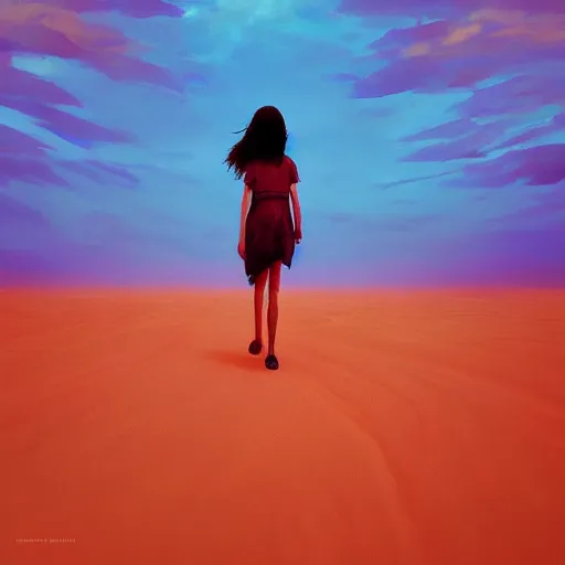 Prompt: closeup giant dahlia flower under the head, girl walking between dunes, surreal photography, sunrise, blue sky, dramatic light, impressionist painting, digital painting, artstation, simon stalenhag