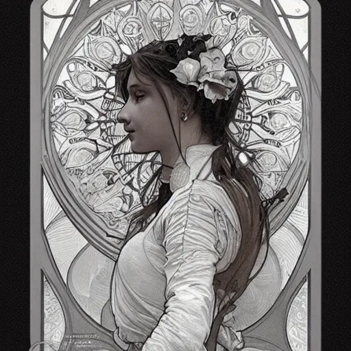 Image similar to amazing lifelike award winning pencil illustration of alphonse mucha trending artgerm greg rutkowski alphonse mucha cinematic