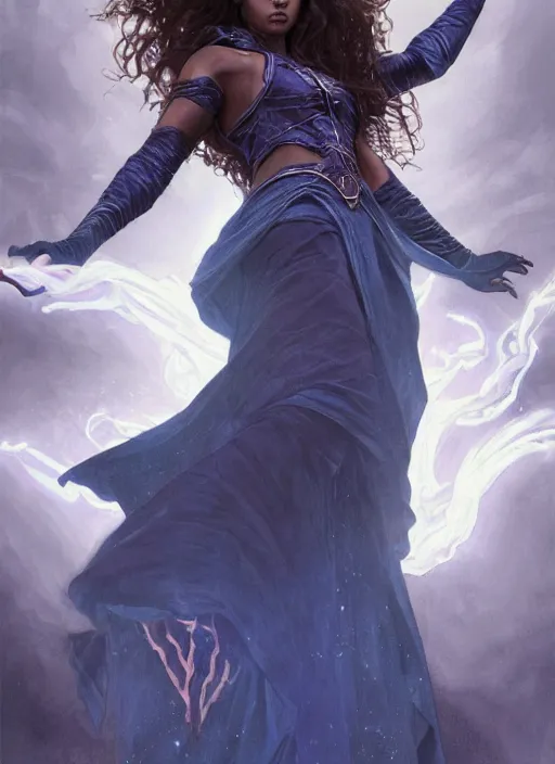 Prompt: medium - length portrait of a female sorcerer, arcane sigils hovering over her hands, with long curly hair and glowing blue eyes, dark brown skin, stern expression, wears a long robe, fantasy setting, dramatic pose, highly detailed, digital painting, artstation, concept art, sharp focus, illustration, art by greg rutkowski and alphonse mucha