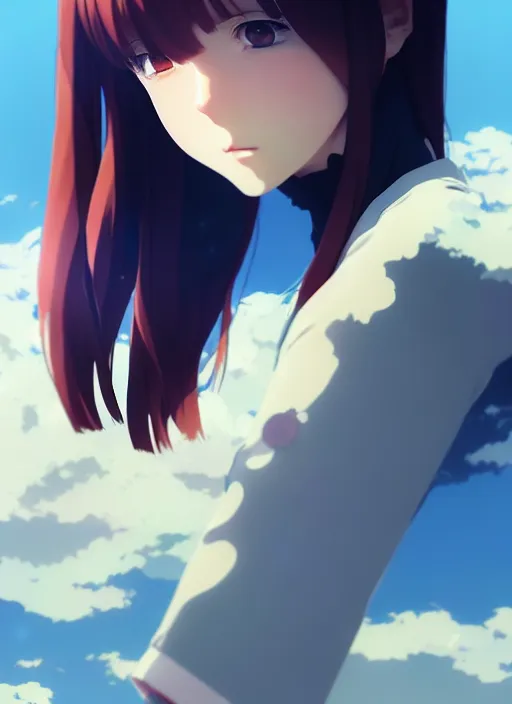 Image similar to portrait of a anime girl by ilya kuvshinov, cloudy sky background lush landscape illustration concept art anime key visual trending pixiv fanbox by wlop and greg rutkowski and makoto shinkai and studio ghibli