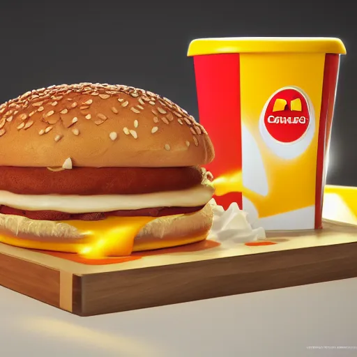 Prompt: McDonalds covered in cheese, realistic artstyle, wide shot, dramatic lighting, octane render, hyperrealistic, high quality, highly detailed, HD, beautiful, cinematic, 8k, unreal engine, facial accuracy, symmetrical