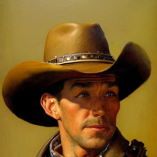 Prompt: a man, cowboy hat, portrait, wild west, fantasy, highly detailed, oil painting, artstation, concept art, illustration, art by J. C. Leyendecker and norman rockwell