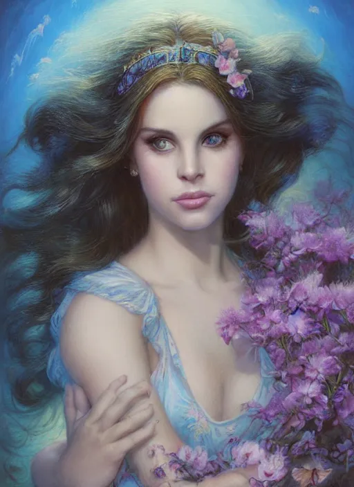 Image similar to surprised dreamy Lana Del Rey, Lilia Alvarado, Sophie Anderson, Mark Arian, Bob Byerley, Charlie Bowater, Mark Brooks, Steve Henderson, Justin Gerard, Arthur Hughes, Edward Robert Hughes, Mark Keathley, Victor Nizovtsev, Carlos Shwabe, Ross Tran, WLOP