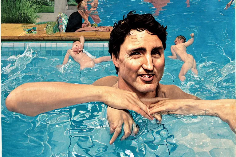 Image similar to justin trudeau in a swimming pool in a house in california, magazine centerfold, by david hockney, peter doig, lucien freud, francis bacon, bouguereau, norman rockwell, pop realism