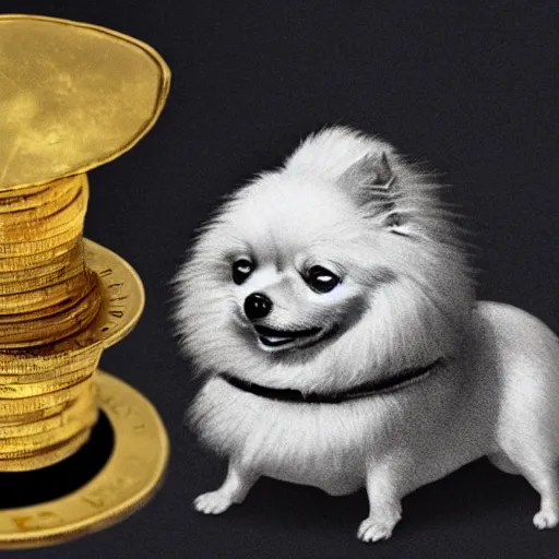 Image similar to A pomeranian wearing a top-hat and a monocle, sitting on a pile of gold coins