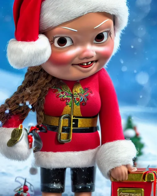 Image similar to highly detailed closeup, portrait of a tin toy santa greta thunberg wearing a bikini, depth of field, fashion photoshoot by nicoletta ceccoli, mark ryden, lostfish, dan decarlo, bob clampett, max fleischer, breathtaking, detailed and intricate snowenvironment, 8 k resolution, hyperrealistic, octane render
