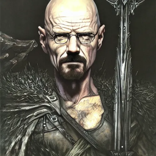 Prompt: Walter white as a dark fantasy warrior, made by gerald brom and luis royo