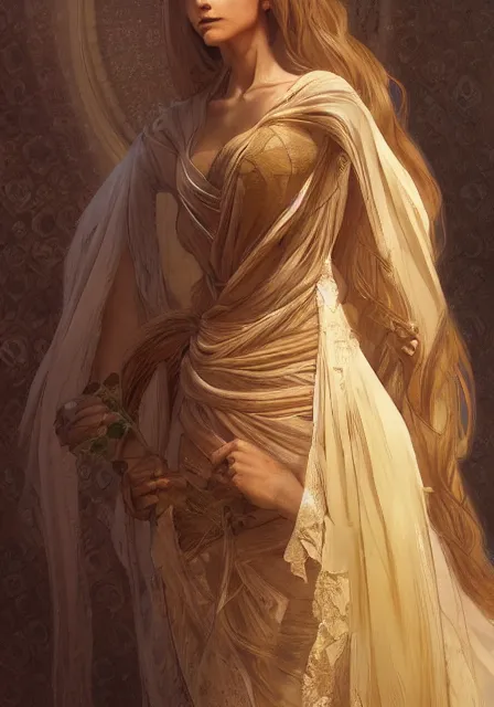 Image similar to rapunzel mummy, intricate, elegant, highly detailed, digital painting, artstation, concept art, smooth, sharp focus, illustration, art by artgerm and greg rutkowski and alphonse mucha and william - adolphe bouguereau