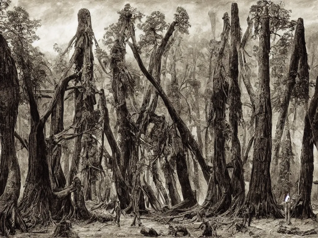 Prompt: People from the tribes stuck in the mud near a giant fallen sequoia tree. Painting by Caspar David Friedrich, Sebastiao Salgado