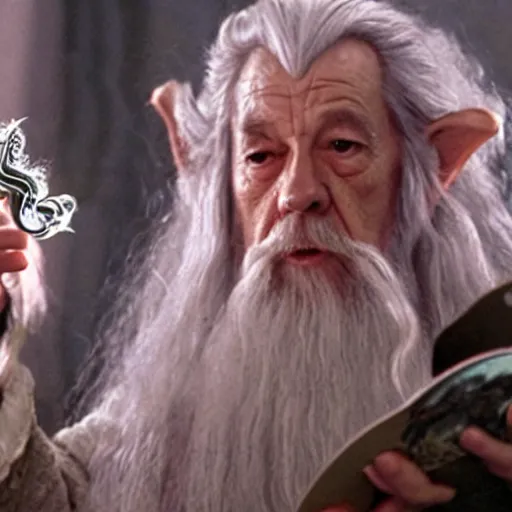 Image similar to portrait of gandalf, wearing a large pink velvet hair bow, holding a blank playing card up to the camera, movie still from the lord of the rings