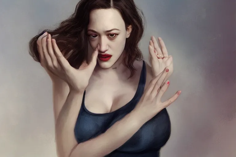 Image similar to A portrait of a Kat Dennings doing various yoga poses with a delirious and excited expression Ruan Jia and Mandy Jurgens and Artgerm and william-adolphe bouguerea, highly detailed, trending on artstation, award winning, H 768