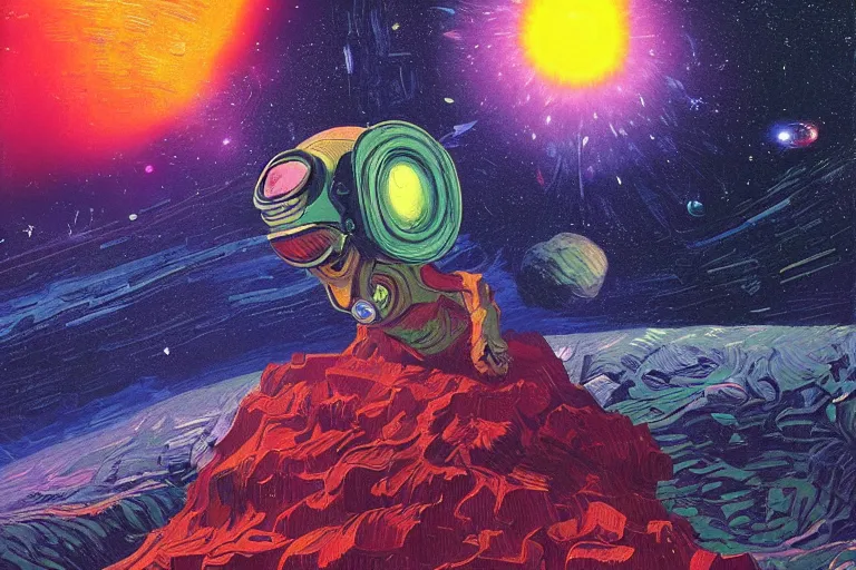 Image similar to digital painting of an alien in space, by paul lehr and vincent di fate and van gogh, highly detailed, intricate, science fiction, galaxies, stars, supernova, black hole, galaxy, planet, void, artstation, portrait, cinematic lighting, studio ghibli color pallette, neon lights, trippy, retrofuturism, portrait