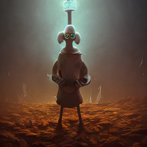 Prompt: squidward as a dark souls boss by Mike Winkelmann