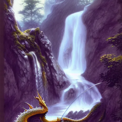 Prompt: furry art, female dragon sleeping by a waterfall, commission, color page, tankoban, 4 k, tone mapping, jaime jones, alan lee