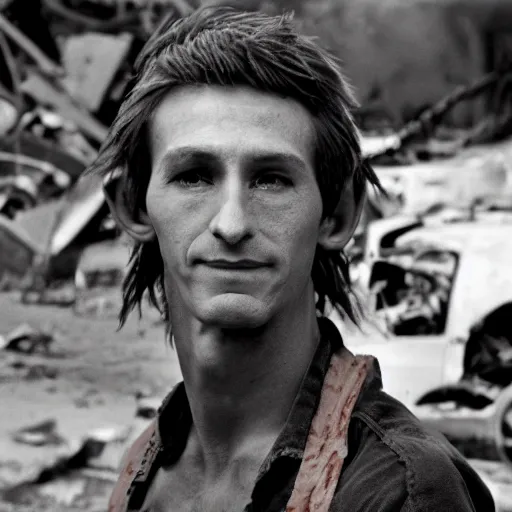 Image similar to close up headshot of a skinny high-fantasy elf with a long face narrow chin and spiky blonde hair wearing dark brown overalls and holding a bomb next to a destroyed car, high resolution film still