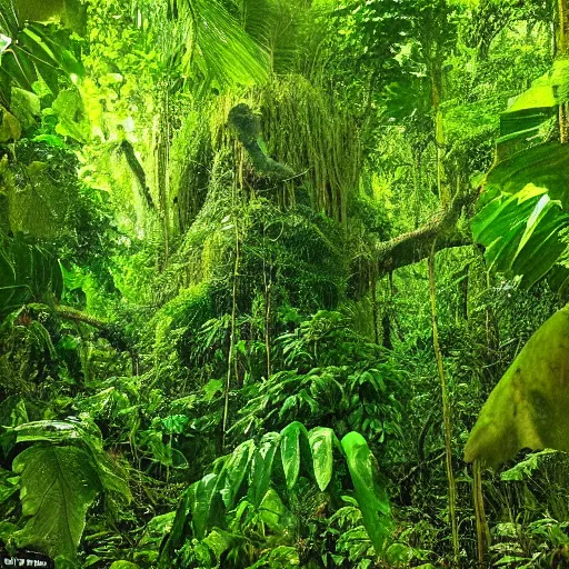 Prompt: the jungle is a dense, green forest full of life. the trees are tall and the undergrowth is thick. vines and creepers drape down from the branches, and the air is thick with the smell of the earth and the trees. the light filters through the leaves, dappling the ground in green and gold