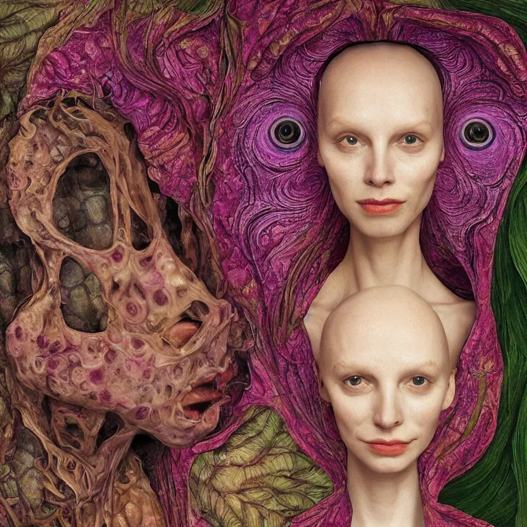 Prompt: a grinning alien girl with reptile skin, plant patterns, her face looks like an orchid, she is the center of the garden, jan van eyck, ernst fuchs, egon schiele, trending on artstation, 8 k, award winning, facial symmetry, iris van herpen