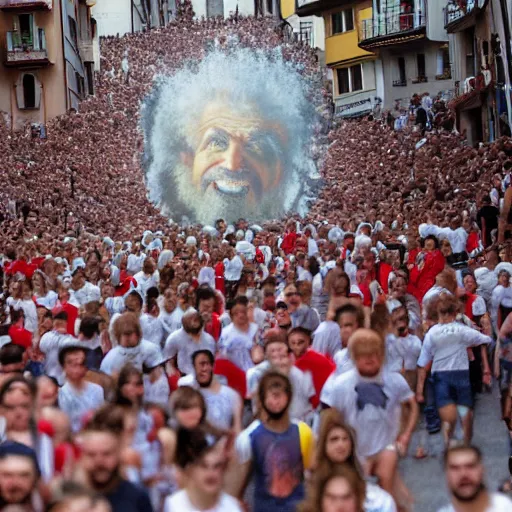 Image similar to the running of the gigantic screaming bob ross in pamplona spain