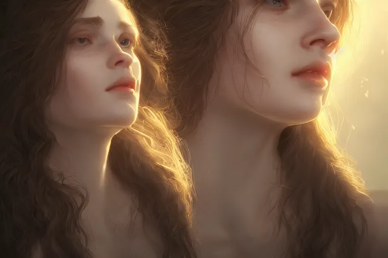 Prompt: beautiful portrait of a beautiful woman, Portrait, Rays of Shimmering Light, Natural Lighting, Artstation, by Pre-Raphaelite Brotherhood, Unreal Engine