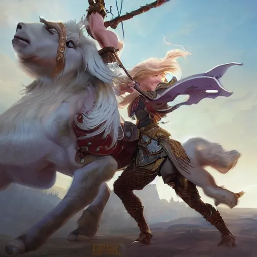 Prompt: a blonde paladin woman fighting a giant goat on the streets of a fantasy town, d & d, fantasy, highly detailed, digital painting, artstation, concept art, character art, art by greg rutkowski and tyler jacobson and alphonse mucha