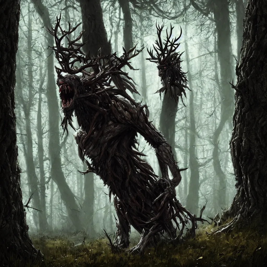 Image similar to leshen from witcher 3 in woods, dark atmosphere, subsurface scattering, by jesper ejsing, justin gerard, tomasz alen kopera, cgsociety and fenghua zhong, highly detailed, rim light, cinematic lighting, illustration, art, octane render, very coherent, cinematic, hyper realism, high detail, octane render, 8 k