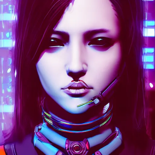 Image similar to female character cyberpunk wearing technological collar around neck, realistic, art, beautiful, 4K, collar, choker, collar around neck, punk, artstation, detailed, female, woman, choker, neon,