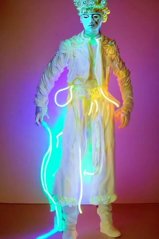 Image similar to full-body neon porcelain rococo bladerunner greek style sculpture of a young royal Zayn Malik as a high-fashion half-robot wearing retro shades with a porcelain body with an opening exposing a battery leaking radioactive liquid, electric sparks, glowing violet laser beam eyes, crown of giant rubies, flowing pink and orange neon-colored silk, luminescent fabrics, mechanical raptors. baroque and steampunk elements. full-length view. baroque element. intricate artwork by caravaggio. Very very very very highly detailed epic photo of face. Trending on artstation, octane render, cinematic lighting from the right, hyper realism, octane render, 8k, depth of field, 3D