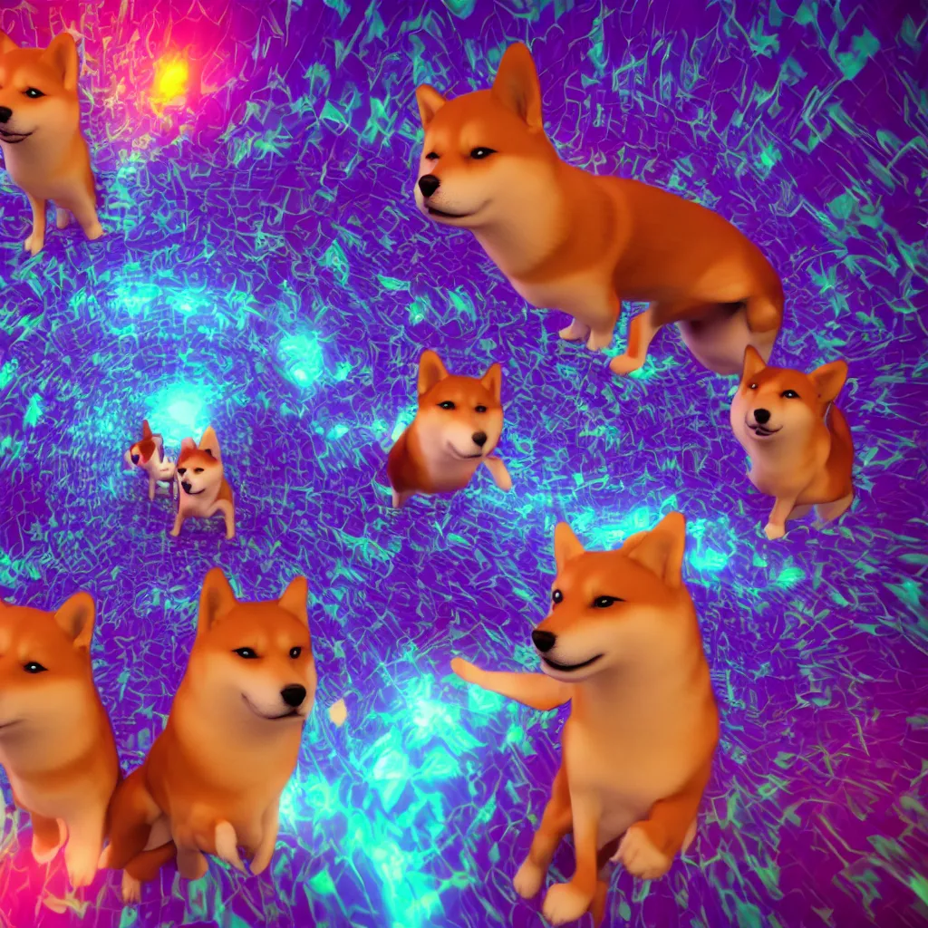 Image similar to two shiba inu in the psychedelic dmt fourth dimensional tunnel, octane 3 d render