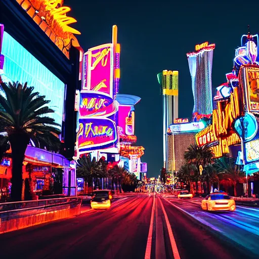 Image similar to nighttime photo of Cyberpunk Las Vegas Strip