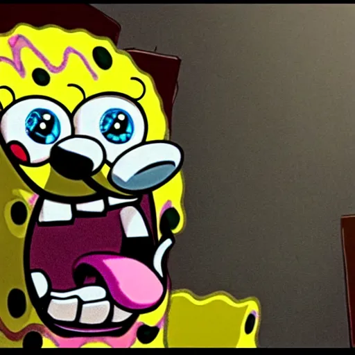 Image similar to spongebob with a horrific face expression, detailed, disgusting