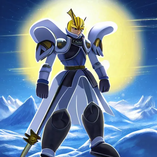 Image similar to paladin wearing silver amour with mirror finish, wielding a longsword that gleams like the sun. he is wearing a teutonic helmet, inside his eyes glow like the sun. sonic the hedgehog is also there. background of snowy mountains. fantasy painting.