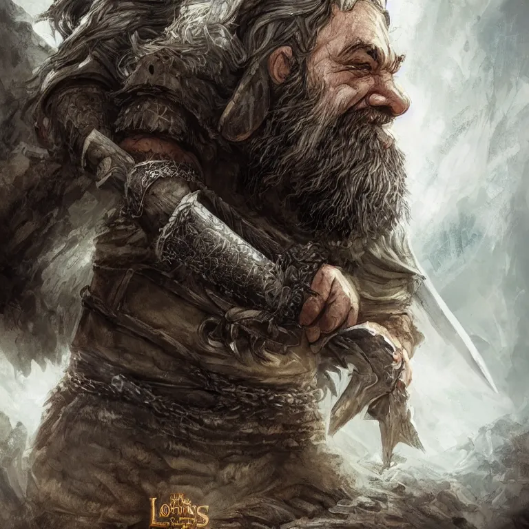 Prompt: cute dwarf warrior in mountain, lord of the rings style, fantasy, poster, character portrait, portrait, close up, concept art, intricate details, highly detailed, full body, 8 k, detailed face, body