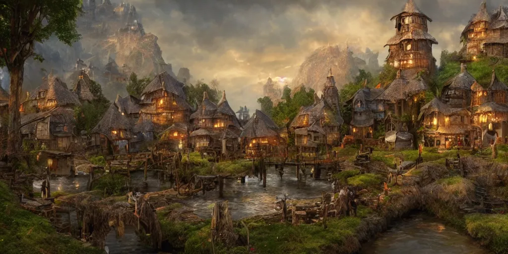 Image similar to beautiful matte painting of a fantasy village by weta workshop 4 k, cinematic dramatic atmosphere, dramatic lighting