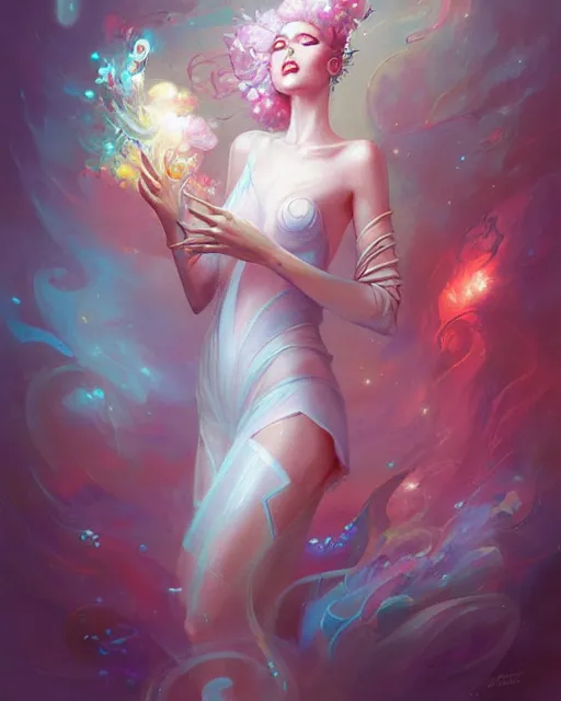 Image similar to crystalline time priestess, peter mohrbacher, artgerm, radiant light, floral explosion