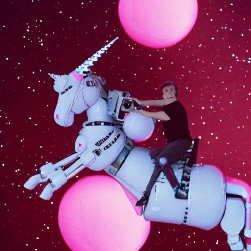 Image similar to a robot riding a pink unicorn in space, cinestill 8 0 0 t, award winning photograph, taken in 1 9 8 3