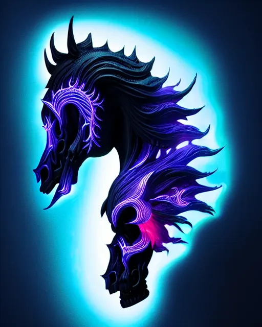 Image similar to 3 d ornate carved dark cosmic horse with profile portrait, sigma 5 0 0 mm f / 5. beautiful intricate highly detailed horse skull. bioluminescent, plasma, lava, ice, water, wind, creature, thunderstorm! artwork by tooth wu and wlop and beeple and greg rutkowski, 8 k trending on artstation